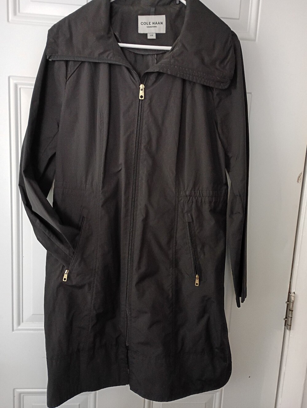 Cole Haan Black Long Zip-Front Trench Coat with Gold Hardware